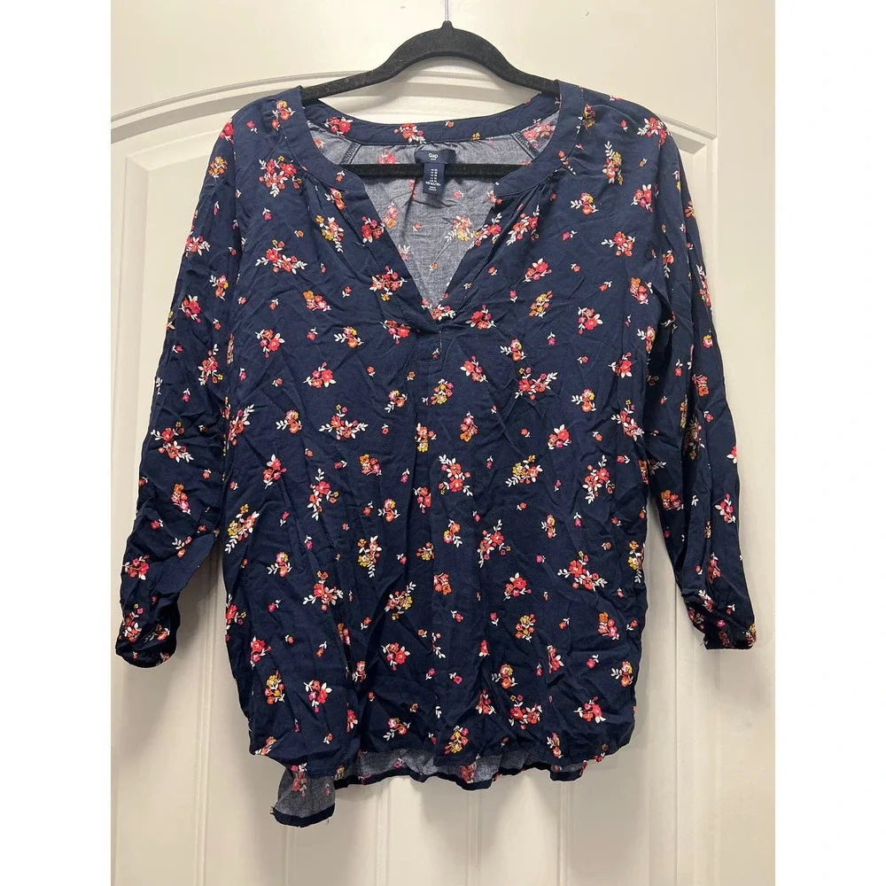 Gap Women’s V-Neck 3/4 Sleeve Floral Print Boho Summer Pullover Top Size M Blue - Picture 1 of 4